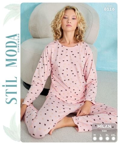 Stil Moda 8116 (M-L-XL-XXL) Milan Bayan Uzun Kol Pijama Takım 4'lü