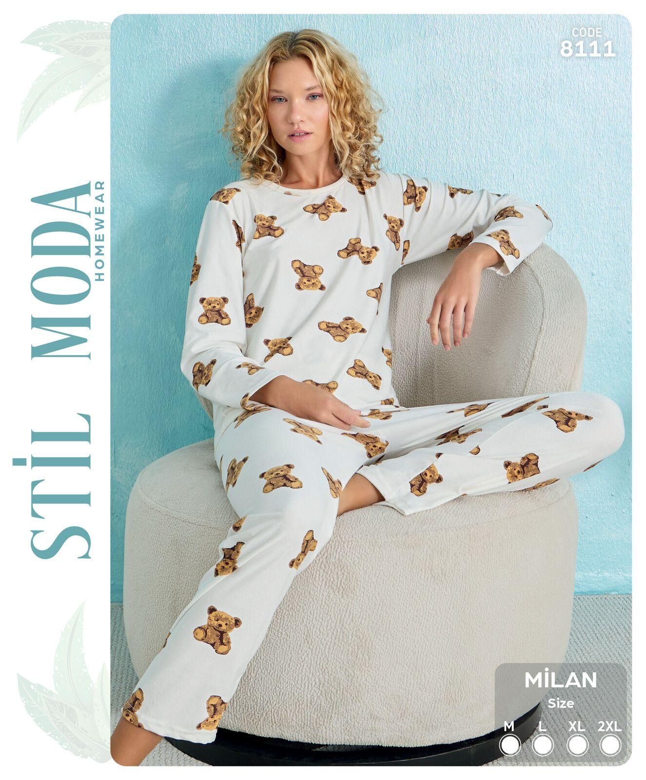 Stil Moda 8111 (M-L-XL-XXL) Milan Bayan Uzun Kol Pijama Takım 4'lü