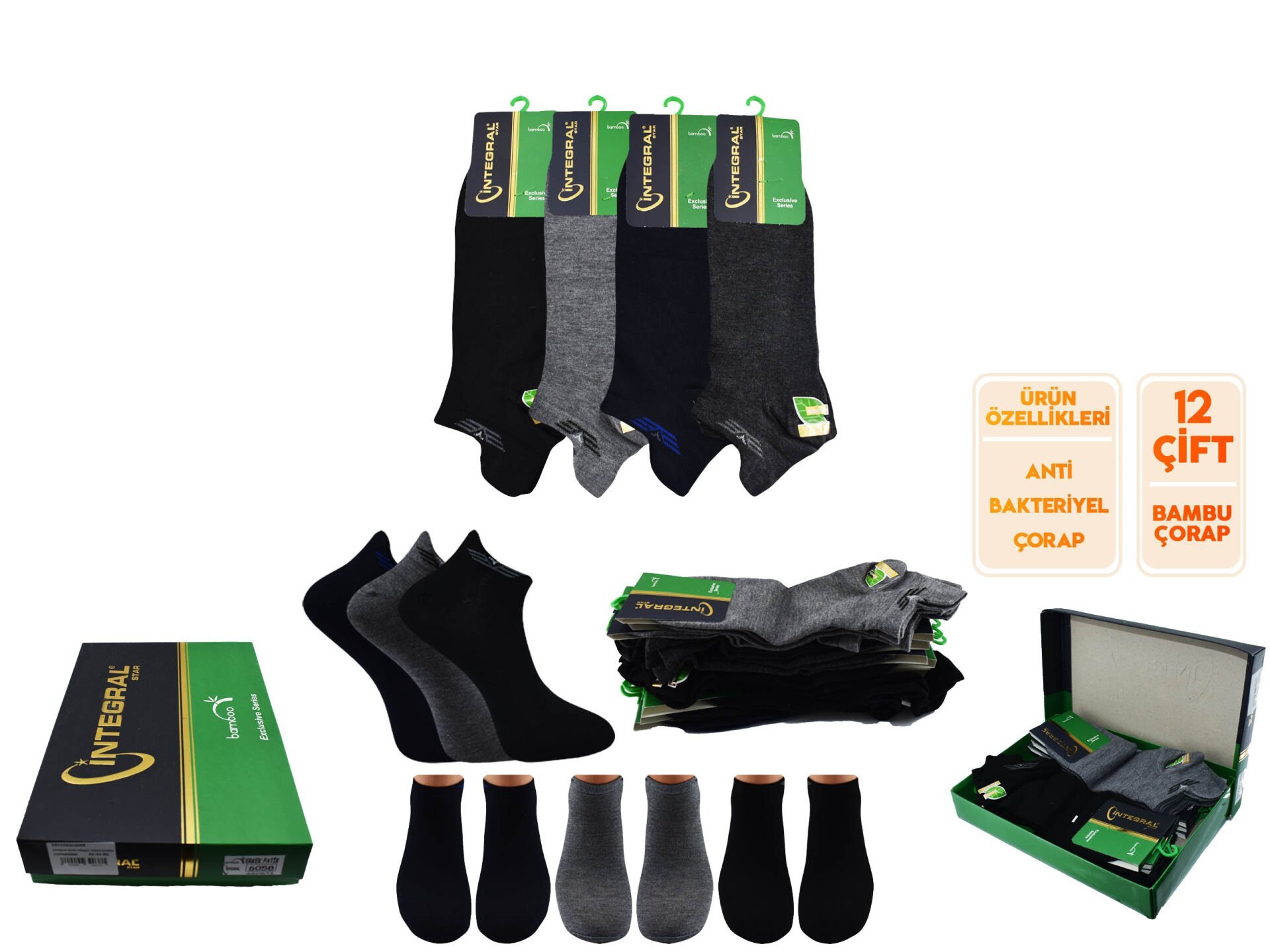 İntegral 6058 Dikişsiz Erkek Bambu Patik 12'li