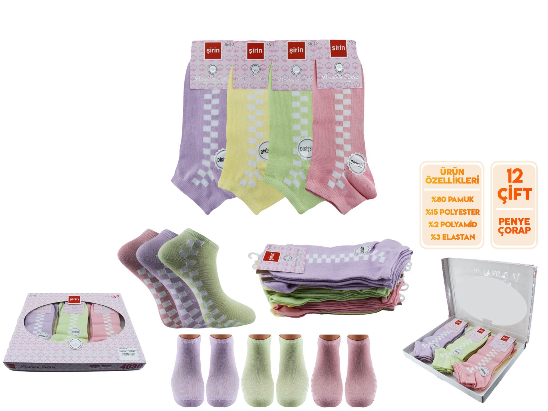 Şirin 4030-45 (36-40) Dikişsiz Bayan Penye Patik Çorap 12'li