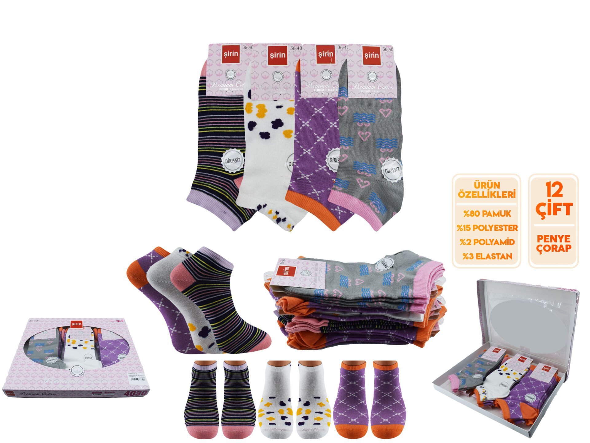 Şirin 4030-38 (36-40) Dikişsiz Bayan Penye Patik Çorap 12'li