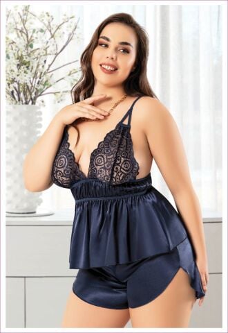 Miss Laris 4233 Battal Beden Bayan Saten Şortlu Takım