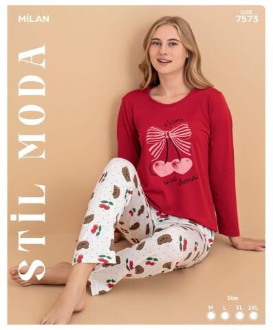 Stil Moda 7573 (M-L-XL-XXL) Milan Bayan Uzun Kol Pijama Takım 4'lü