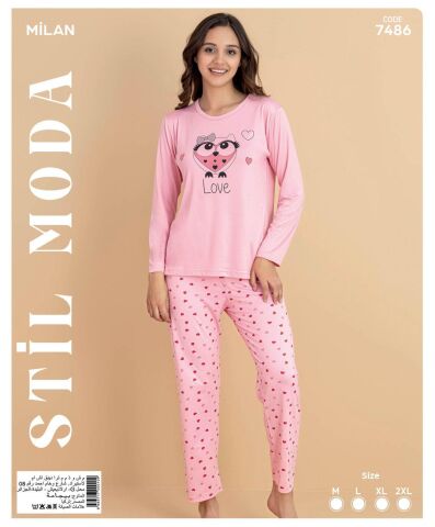 Stil Moda 7486 (M-L-XL-XXL) Milan Bayan Uzun Kol Pijama Takım 4'lü