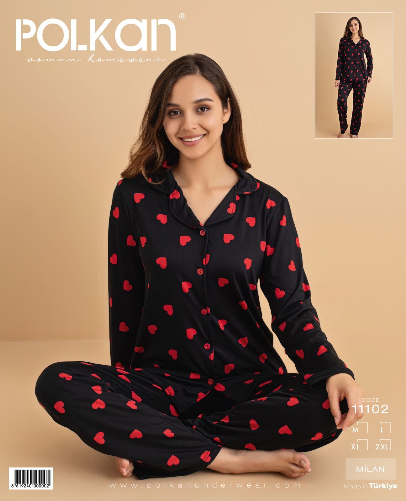 Polkan 11102 (M-L-XL-XXL) Bayan Uzun Kollu Milan Pijama Takım 4'lü