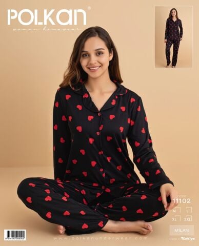 Polkan 11102 (M-L-XL-XXL) Bayan Uzun Kollu Milan Pijama Takım 4'lü