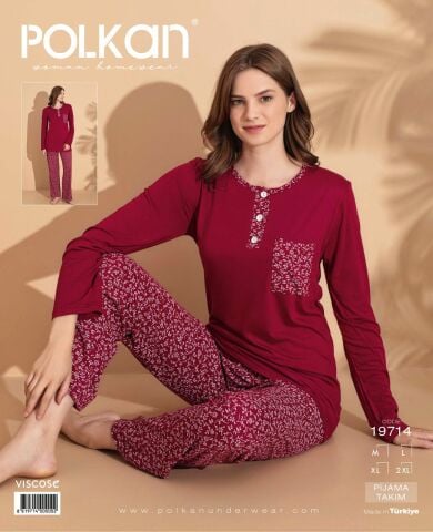 Polkan 19714 (M-L-XL-XXL) Viskon Uzun Kollu Bayan Pijama Takım 4'lü