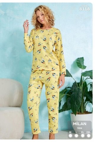 Stil Moda 8118 (M-L-XL-XXL) Milan Bayan Uzun Kol Pijama Takım 4'lü