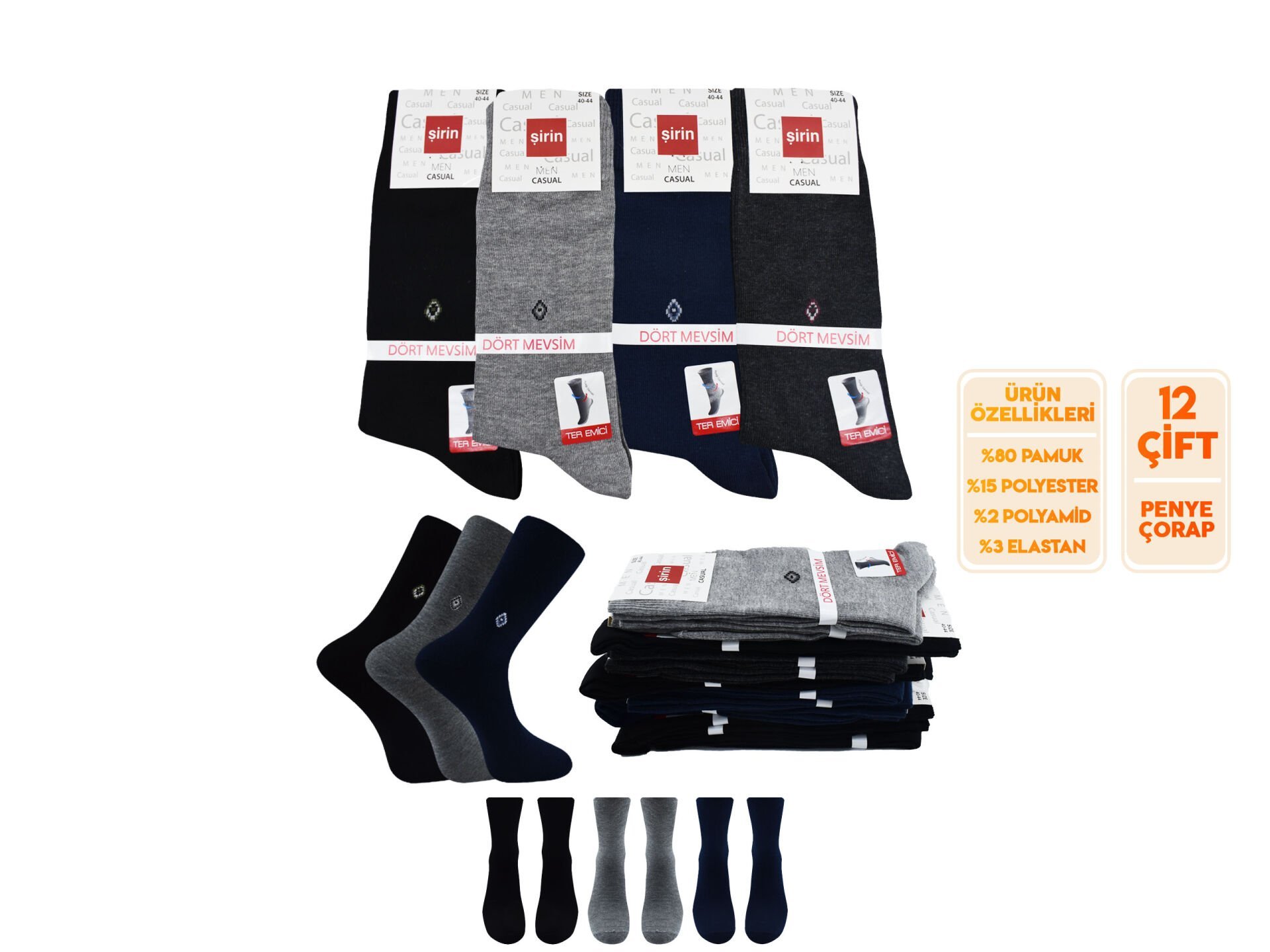 Şirin 7150-55 Dört Mevsim Ter Emici Erkek Penye Soket Çorap 12'li