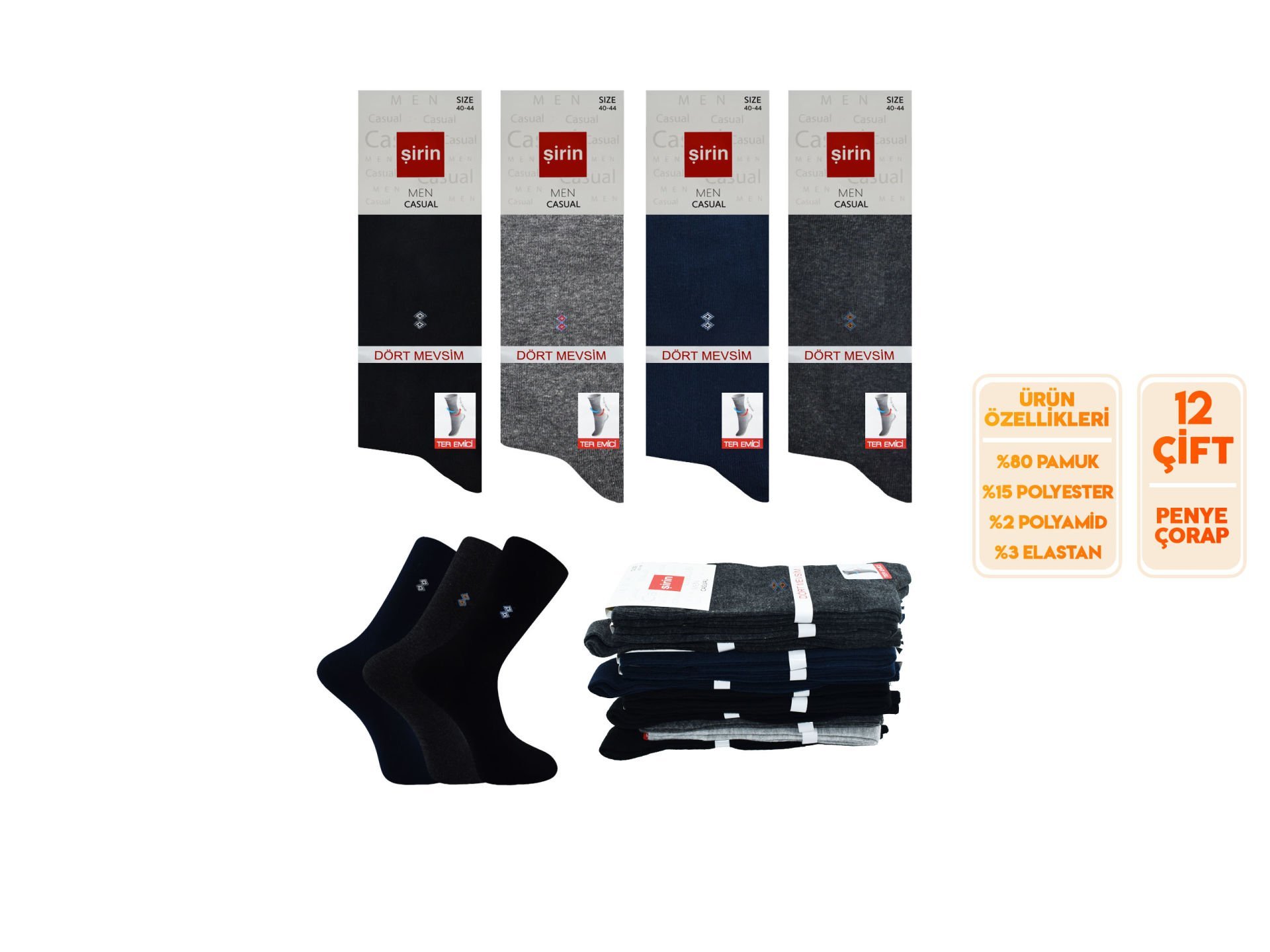 Şirin 7150-20 Dört Mevsim Ter Emici Erkek Penye Soket Çorap 12'li