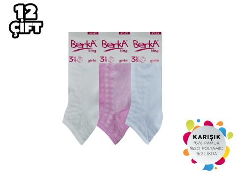Berka 3'lü Desenli Pamuklu Kız Çocuk Patik 12'li