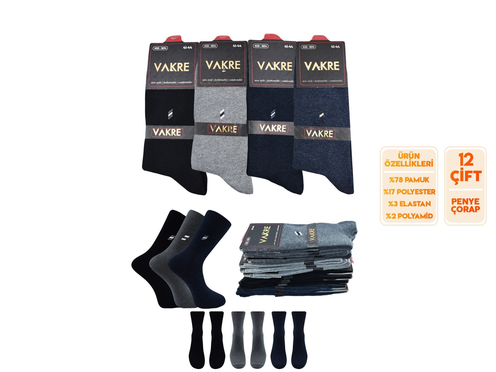Vakre 9014-32 (41-44) Erkek Penye Likralı Çorap 12'li
