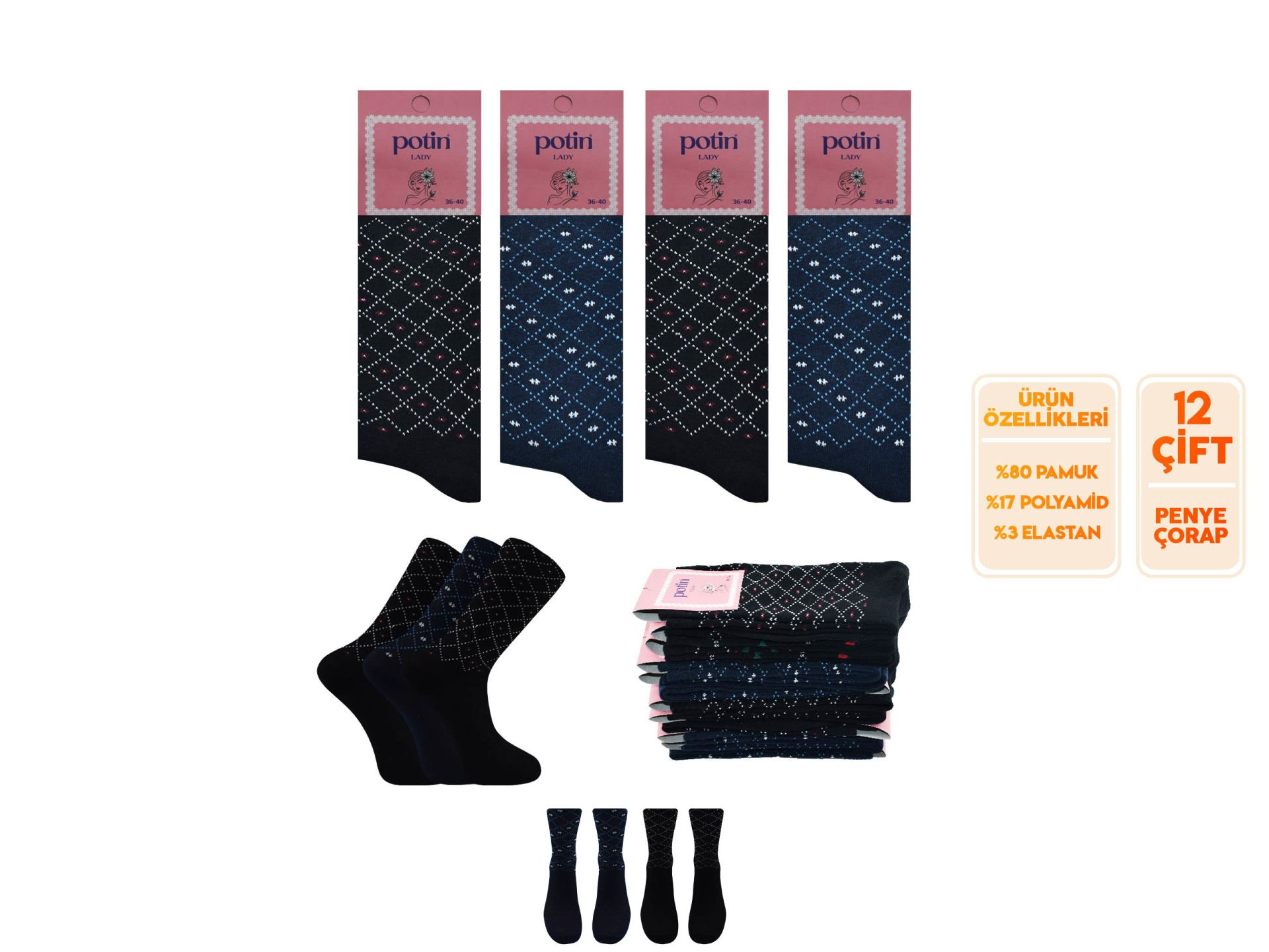 Potin 3-4 Bayan Penye Likralı Çorap 12'li