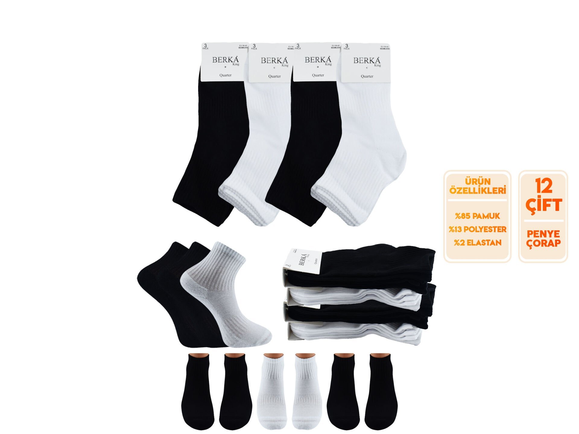 Berka Taban Altı Havlu Dikişsiz Bayan Spor Yarım Konç Patik Çorap 12'li