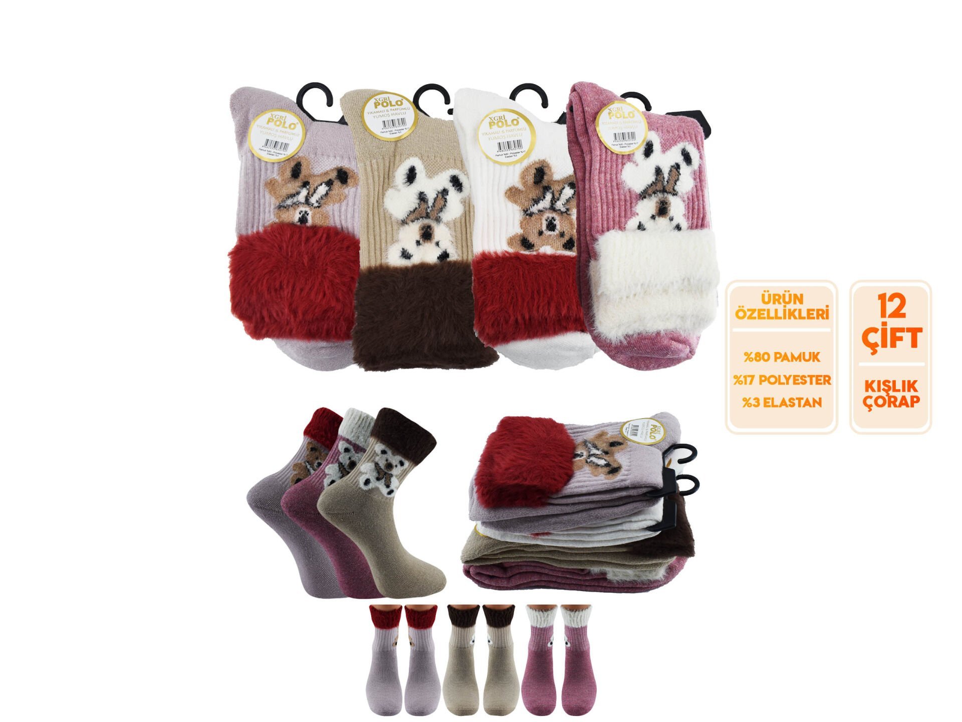 XGRİ POLO 55-1 Havlu Yumoş Peluş Yıkamalı Kışlık Bayan Soket Çorap 12'li