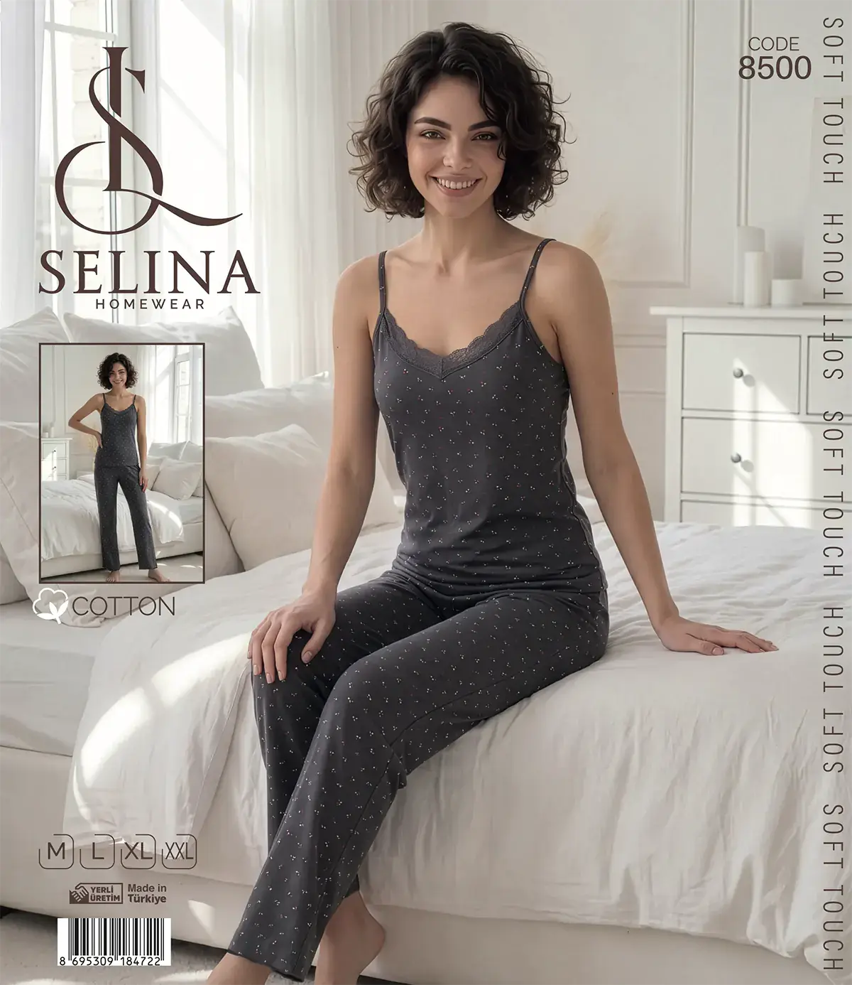 Selina 8500 (M-L-XL-XXL) Bayan İp Askılı Pijama Takım