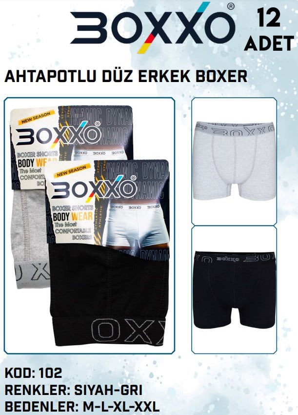 Boxxo 102 Ahtapotlu Düz Erkek Likralı Boxer 12'li