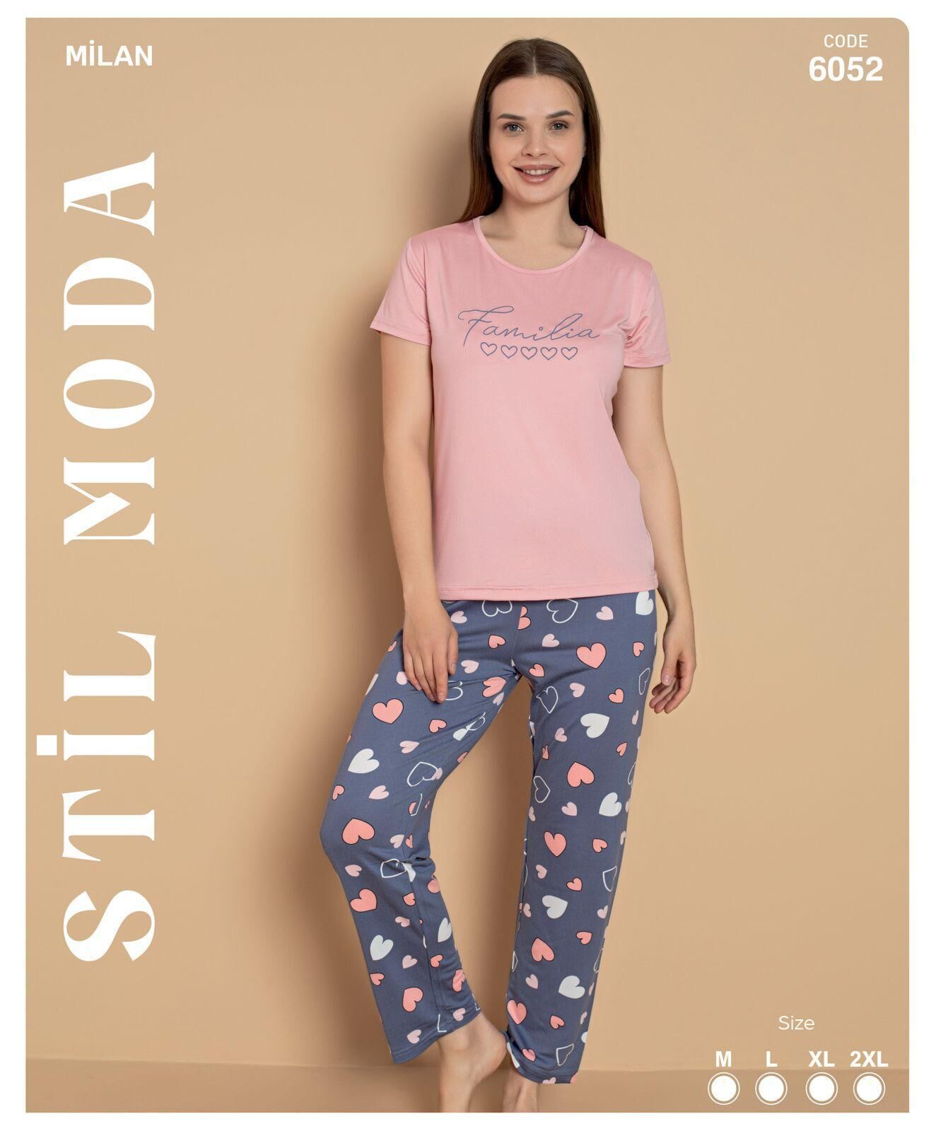Stil Moda 6052 (M-L-XL-XXL) Milan Bayan Kısa Kol Pijama Takım 4'lü