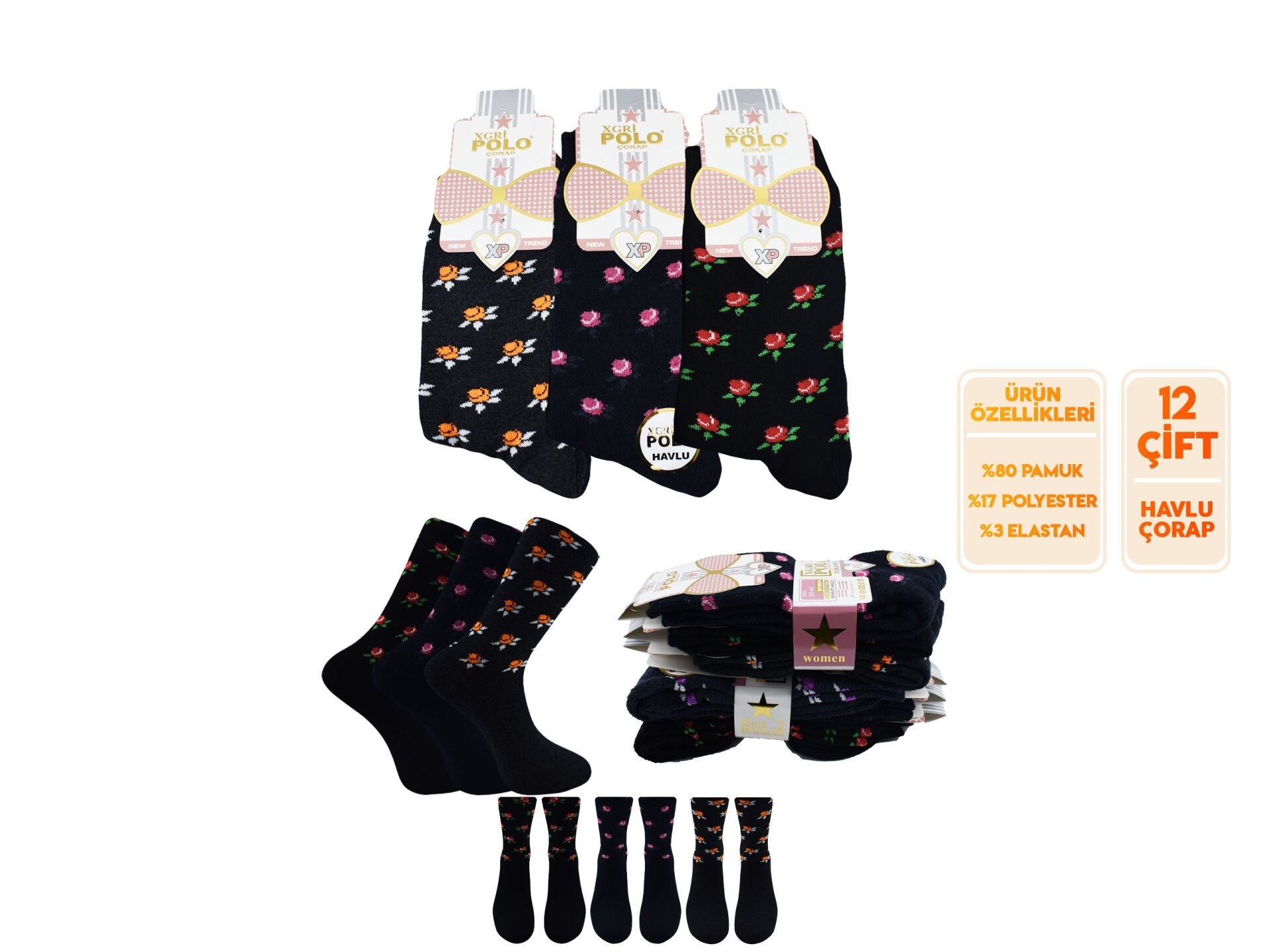 XGRİ POLO 36-02 Havlu Kışlık Bayan Soket Çorap 12'li