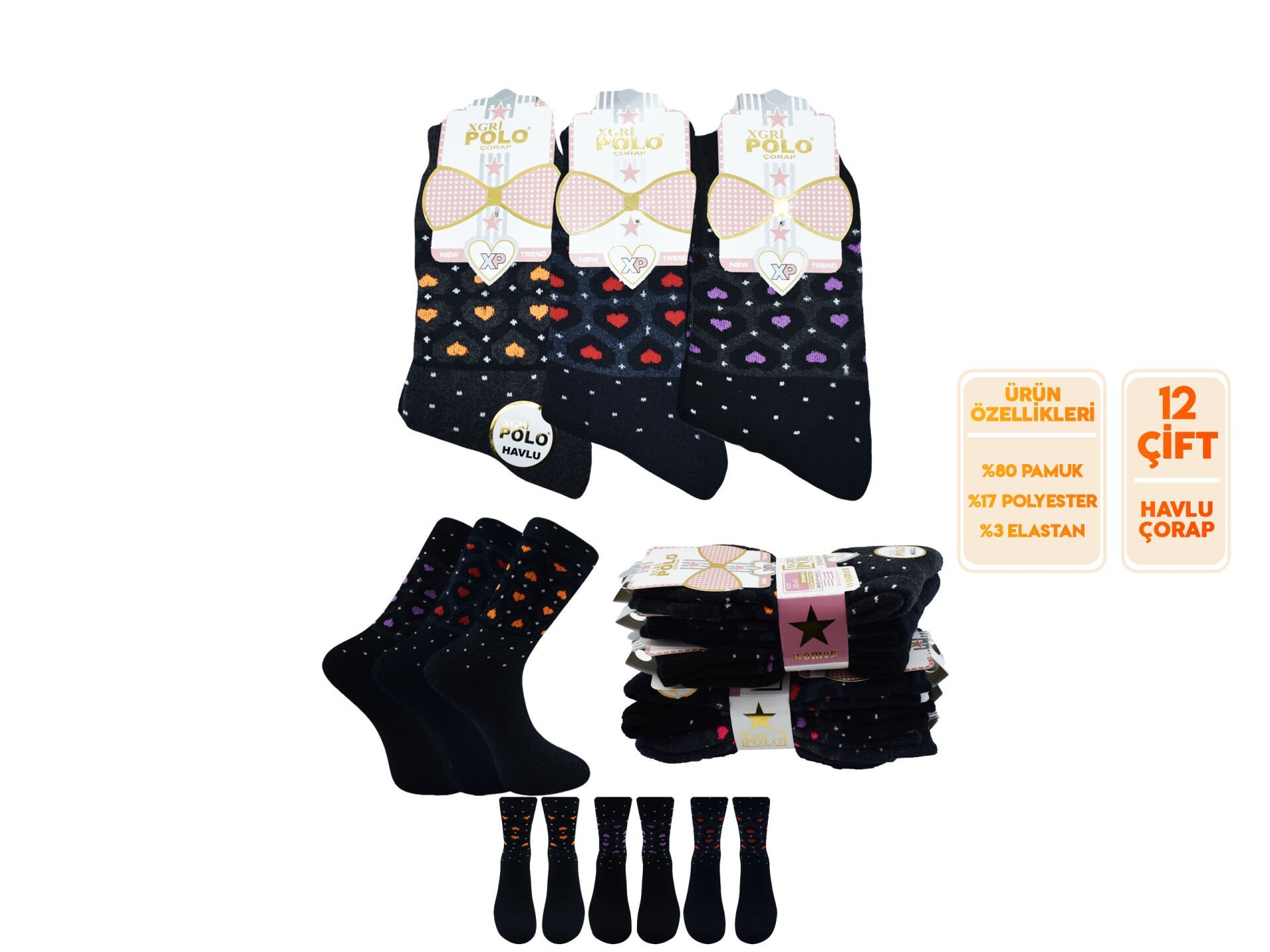 XGRİ POLO 36-01 Havlu Kışlık Bayan Soket Çorap 12'li