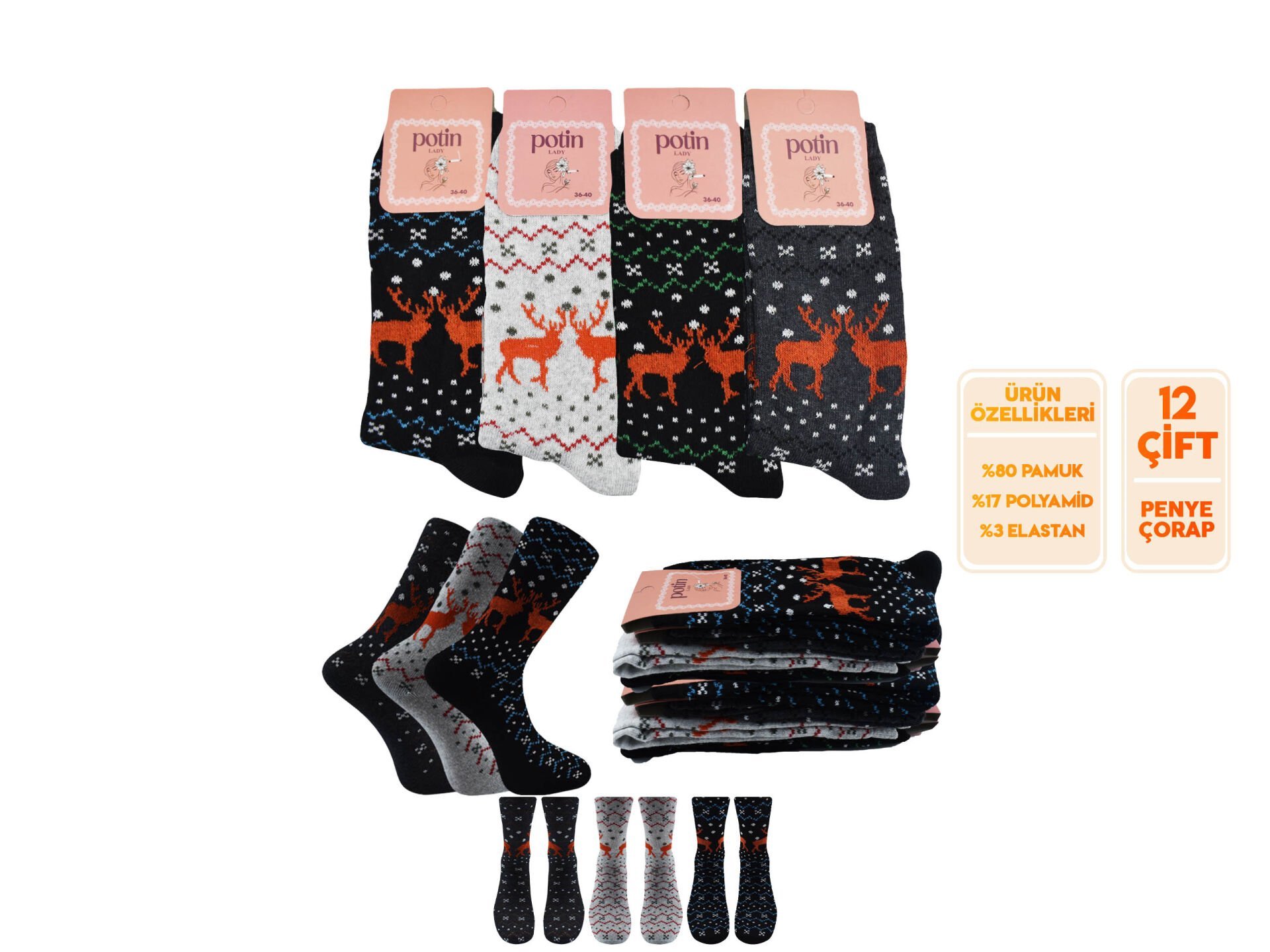 Potin 3-12 Bayan Penye Likralı Çorap 12'li