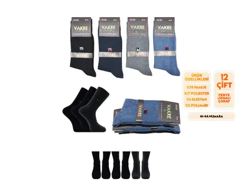 Vakre 9014-41 (41-44) Erkek Penye Likralı Çorap 12'li