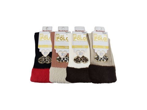 XGRİ POLO Taşlı Kürklü Derbili Yumoş Peluş Kışlık Bayan Soket Çorap 12'li