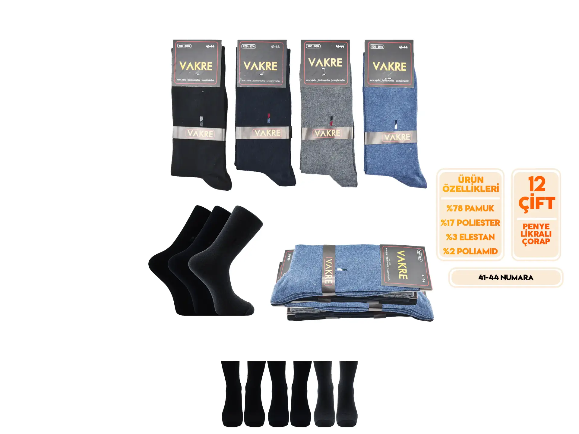 Vakre 9014-40 (41-44) Erkek Penye Likralı Çorap 12'li