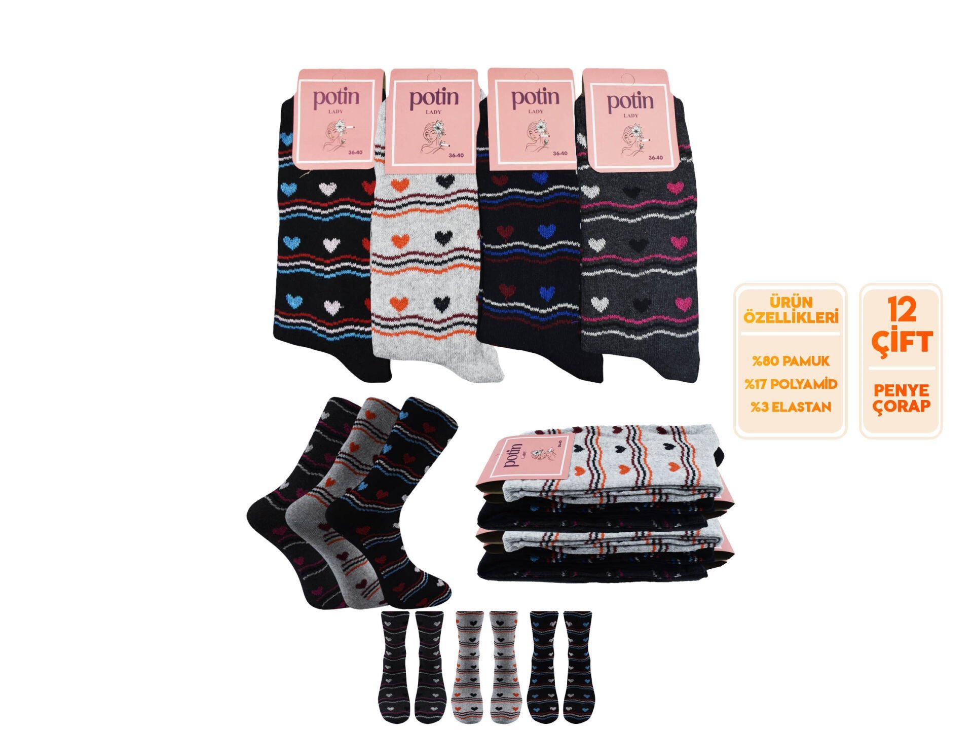 Potin 3-10 Bayan Penye Likralı Çorap 12'li