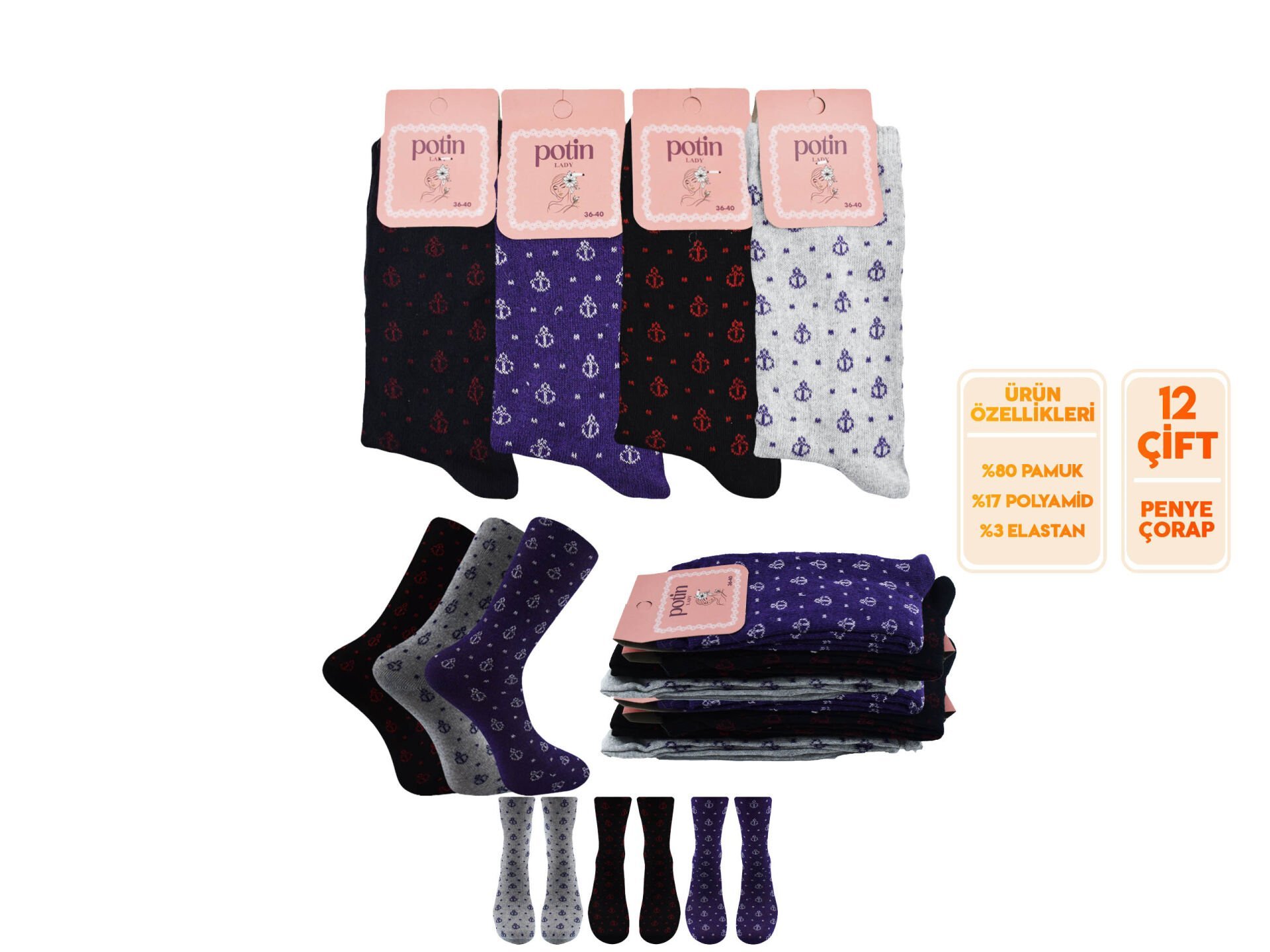 Potin 3-9 Bayan Penye Likralı Çorap 12'li