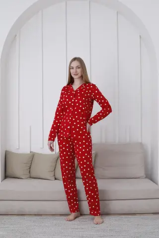 Kapitex 9898 (M-L-XL-XXL) Boydan Düğmeli Bayan Uzun Kol Pijama Takım 4'lü