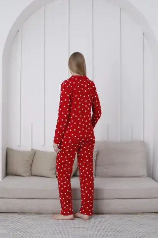 Kapitex 9898 (M-L-XL-XXL) Boydan Düğmeli Bayan Uzun Kol Pijama Takım 4'lü