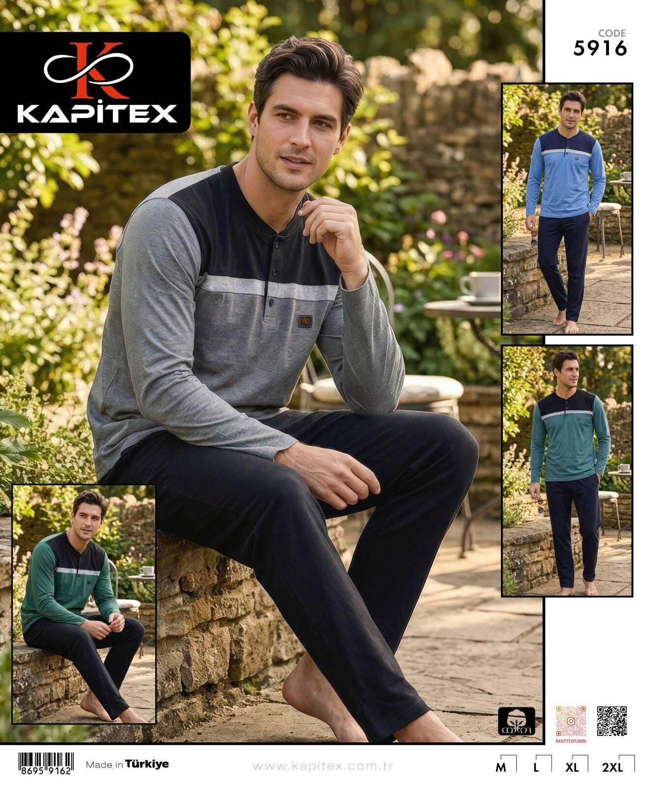 Kapitex 5916 (M-L-XL-XXL) Erkek Uzun Kol Pijama Takım 4'lü