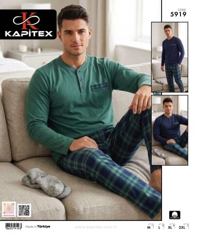 Kapitex 5919 (M-L-XL-XXL) Erkek Uzun Kol Pijama Takım 6'lı