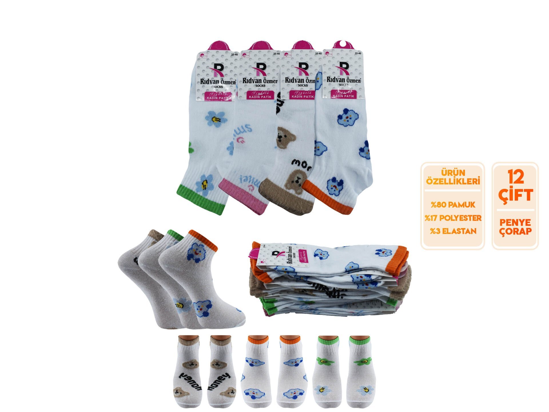 Pelin 12-24 Naturel Penye Parfümlü 3 Boyutlu Bayan Patik 12'li