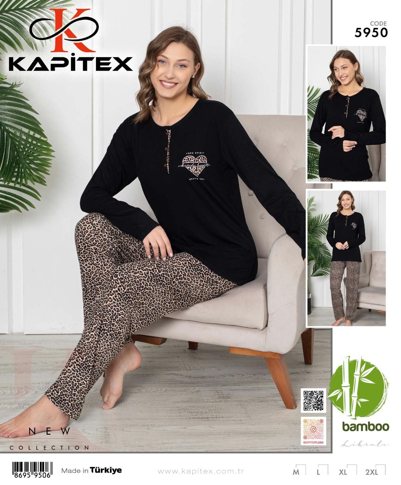 Kapitex 5950 Bambu Ring Viskon Bayan Uzun Kol Pijama Takım 4'lü