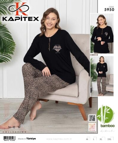 Kapitex 5950 Bambu Ring Viskon Bayan Uzun Kol Pijama Takım 4'lü