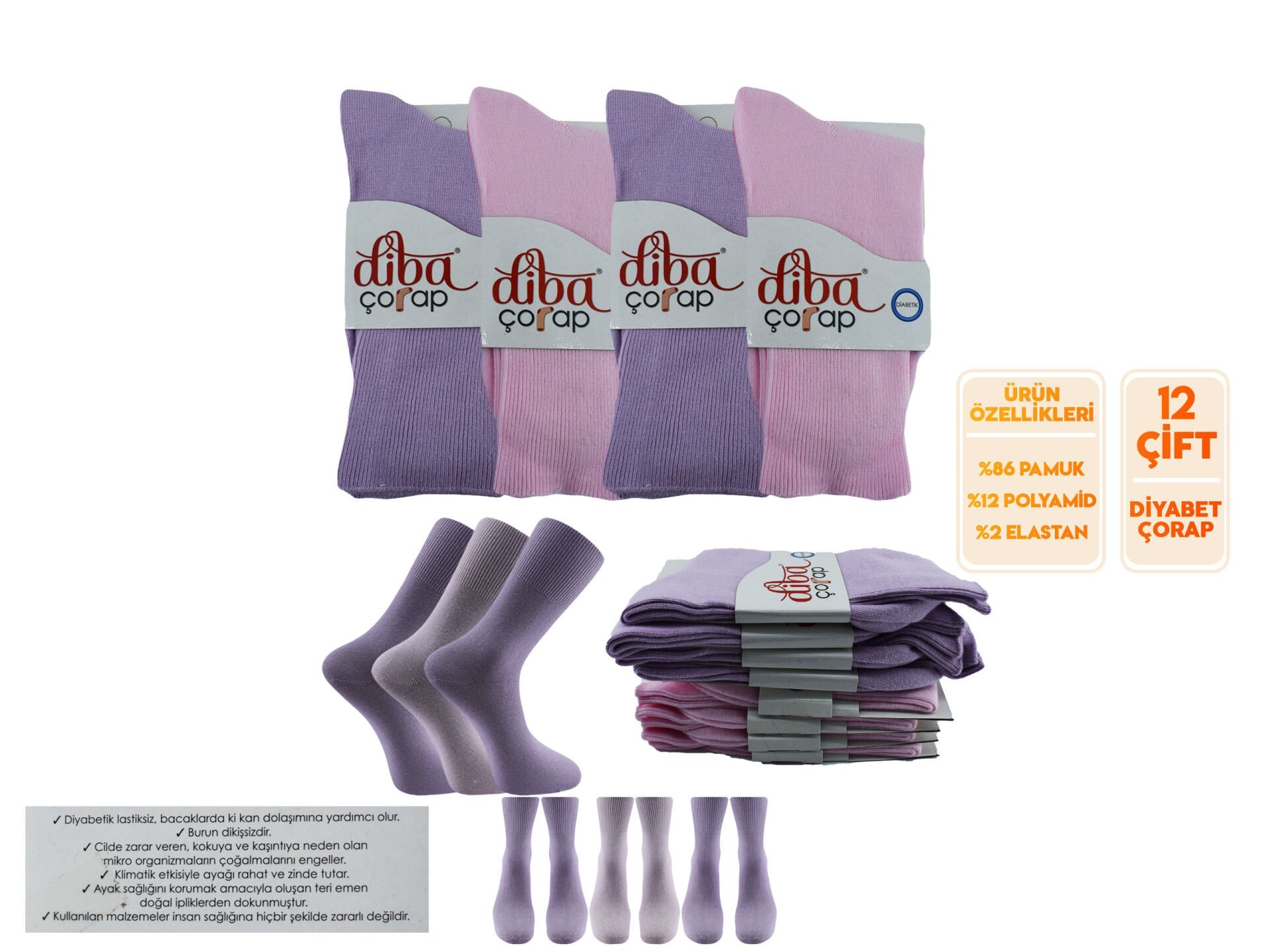 Diba 492 Bayan Penye Diyabetik Çorap 12'li