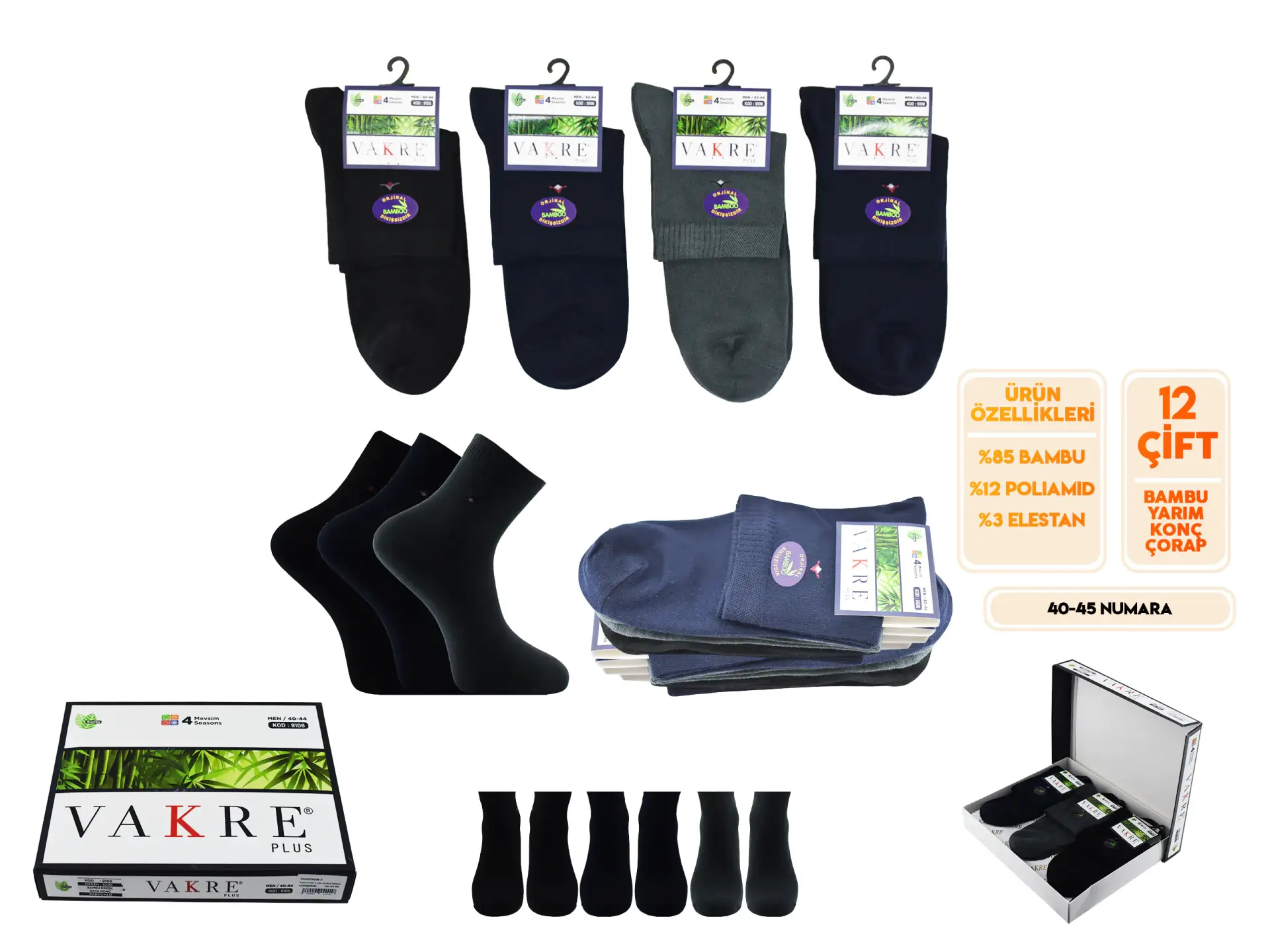 Vakre 9106-3 (40-44 NO) Dikişsiz Erkek Bambu Yarım Konç Çorap 12'li