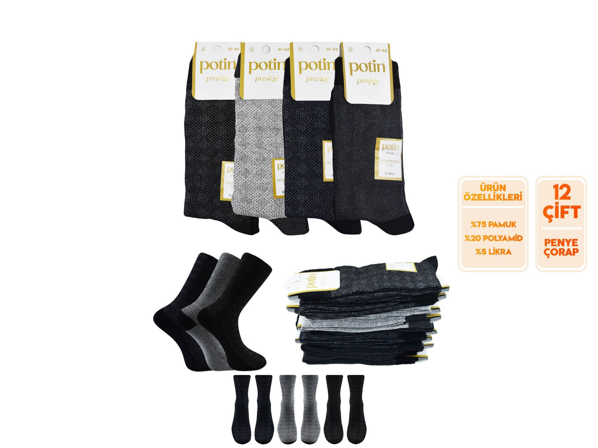 Potin 5-2 (41-44) Erkek Terletmeyen Örgü Penye Likralı Çorap 12'li
