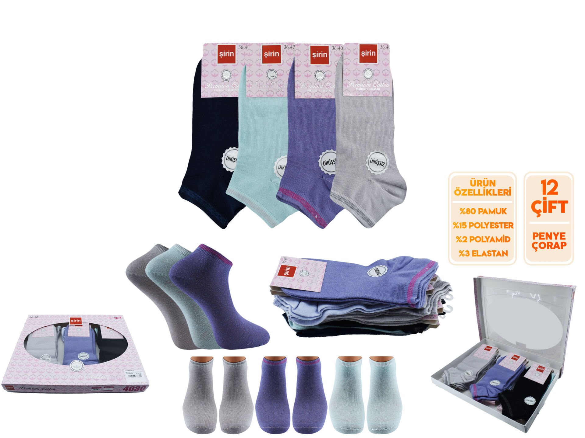 Şirin 4030-42 (36-40) Dikişsiz Bayan Penye Patik Çorap 12'li