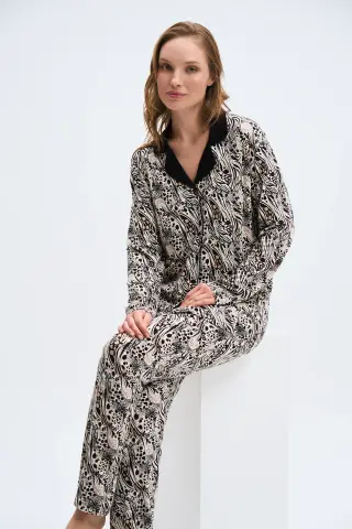 Pijadore 2017 (M-L-XL-XXL) Uzun Kollu Boydan Düğmeli Bayan Pijama Takım 4'lü