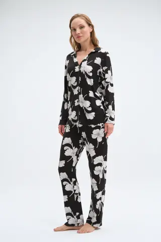 Pijadore 2033 (M-L-XL-XXL) Uzun Kollu Boydan Düğmeli Bayan Pijama Takım 4'lü