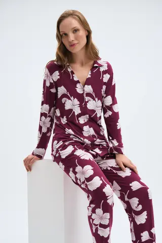 Pijadore 2033 (M-L-XL-XXL) Uzun Kollu Boydan Düğmeli Bayan Pijama Takım 4'lü