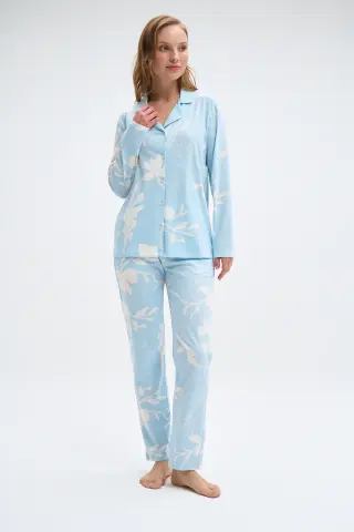 Pijadore 2086 (M-L-XL-XXL) Uzun Kollu Boydan Düğmeli Bayan Pijama Takım 4'lü