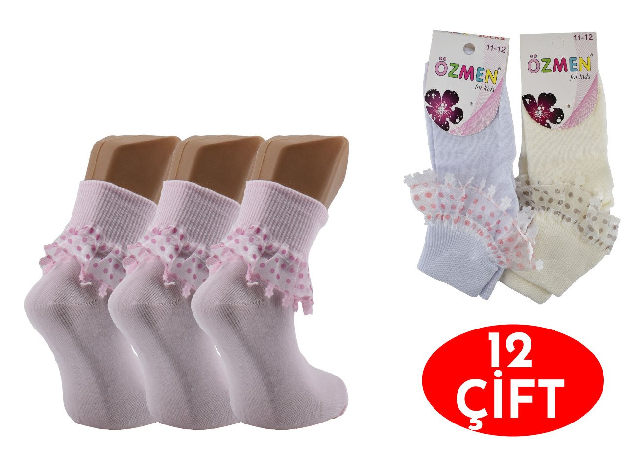 Özmen Kız Çocuk Renkli Dantelli Çorap 12'li