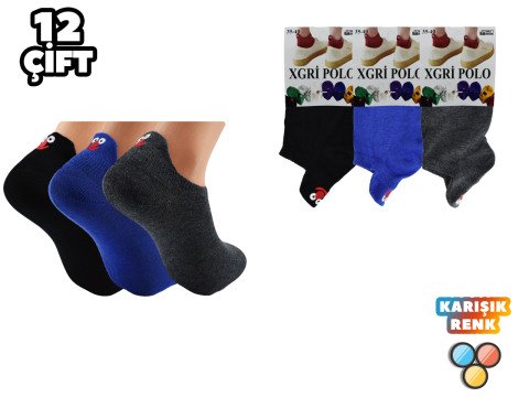 XGRİ POLO Nakışlı Bayan Penye Patik 12'li
