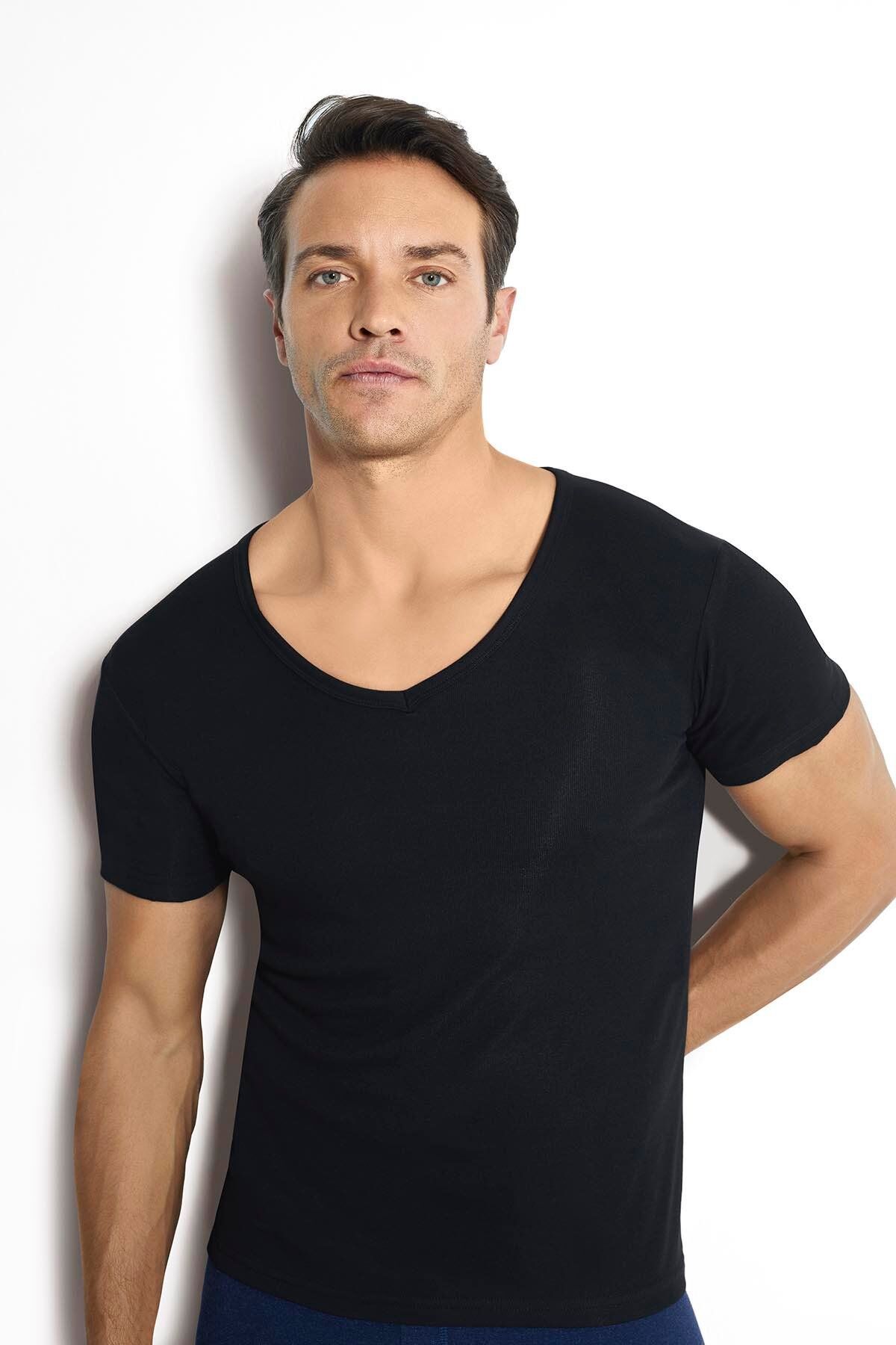 Jiber 162 Erkek %100 Termal V Yaka Yarım Kol Üst SİYAH - M