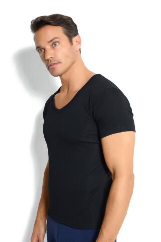 Jiber 162 Erkek %100 Termal V Yaka Yarım Kol Üst SİYAH - XL