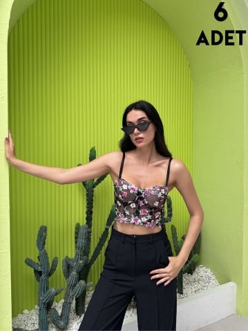 Cansoy 684 Siyah Çiçekli Balenli Desteksiz Bustiyer Takım 6'lı